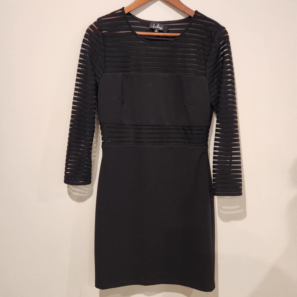 Lulus Womens Black Perfect Mesh Ribbed Long Sleeve Bodycon Mini Dress Large